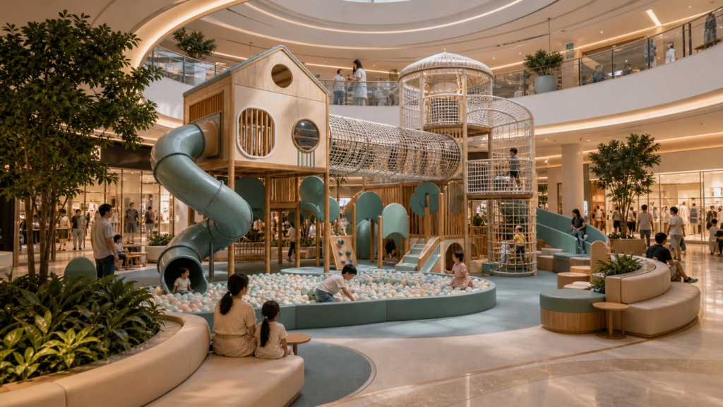Family entertainment center concept inside a modern mall family zone