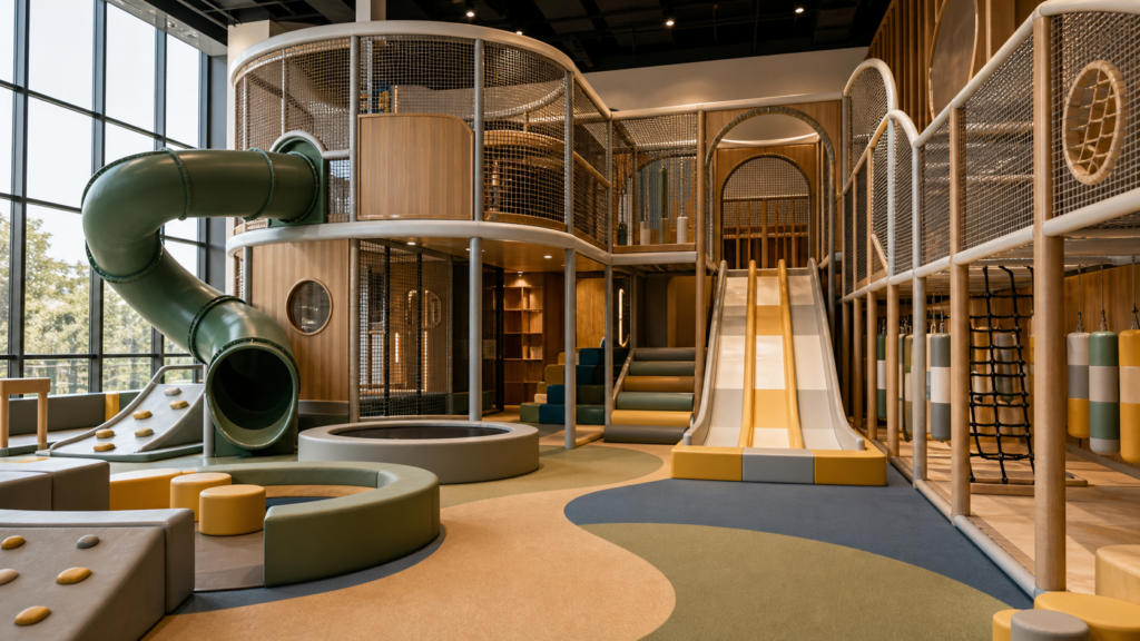 Indoor playground equipment cost planning scene with modern play structure and material detail