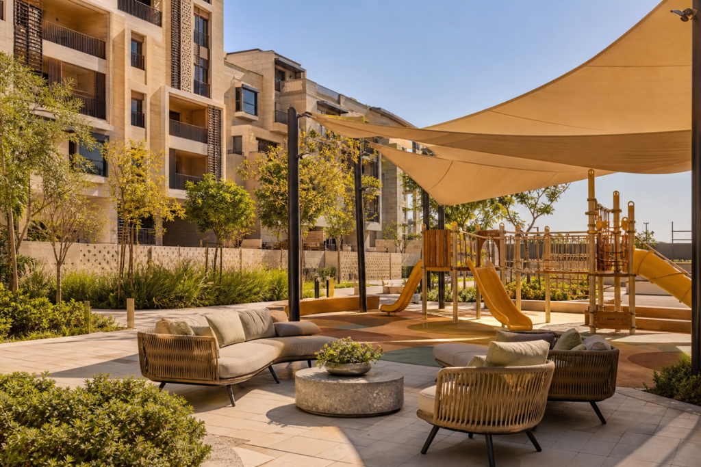 Residential family amenity planning in Riyadh with outdoor play and seating